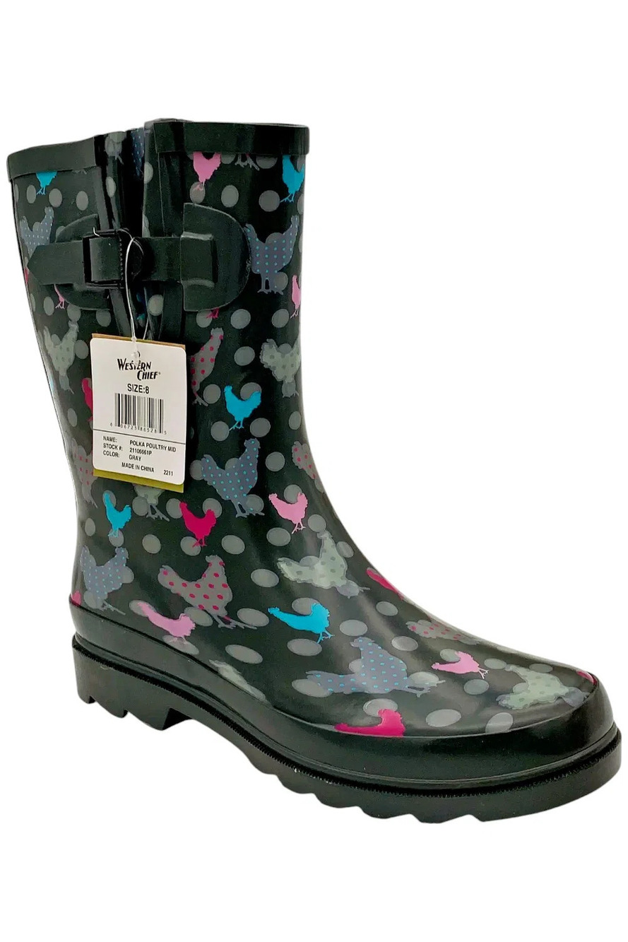 Western Chief Women's Waterproof Mid Rain Boot Polka Poultry - Medium